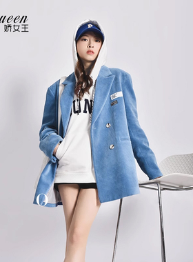 蓝色灯芯绒西装外套女春秋季新款时尚复古休闲条绒高级感加绒西服