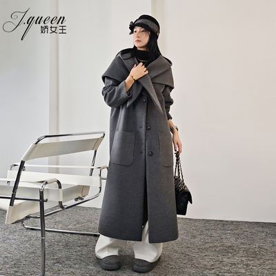 娇女王连帽披肩毛呢大衣女秋冬