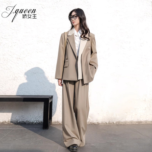 女春新款 套装 面试职场撞色拼接通勤正肩西服两件套 长裤 假两件西装