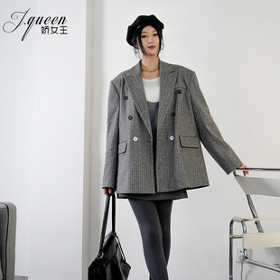 格纹西装外套女春季新款拼色纽扣设计感宽肩宽松商务面试正装西服