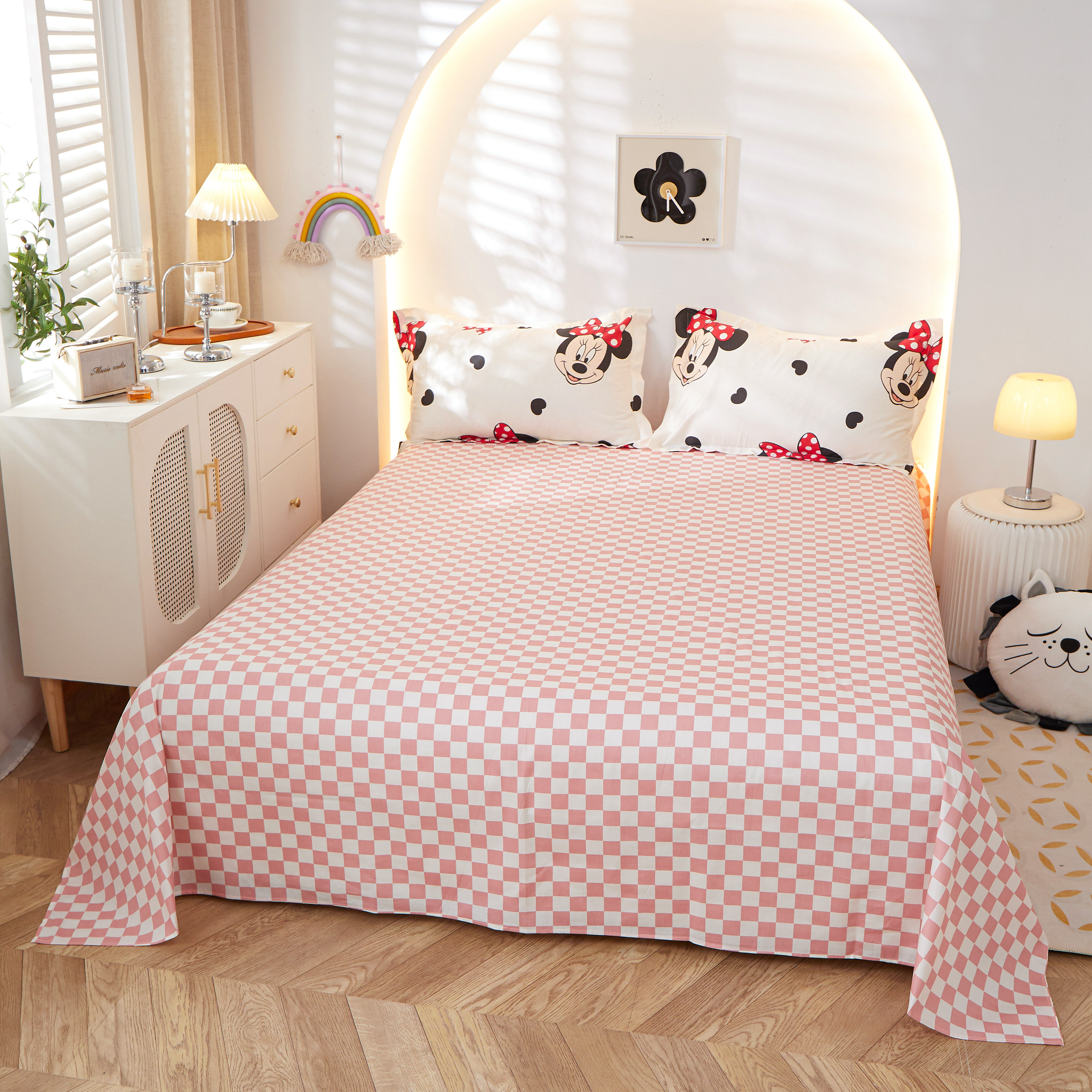 ins风卡通纯棉床单单件斜纹全棉被单230x250学生床上用品简约格子