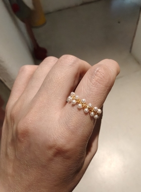 天然珍珠蕾丝边手工绕线14k包金线开口戒指