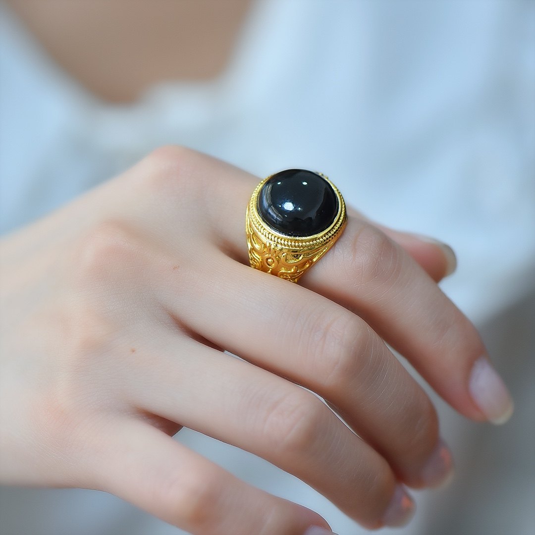 沙金镶嵌和田玉青玉圆鼓面时尚戒指墨玉指环节日礼物,珠宝/钻石/翡翠,手饰,淘宝优惠券,粉丝福利购,淘宝优惠卷