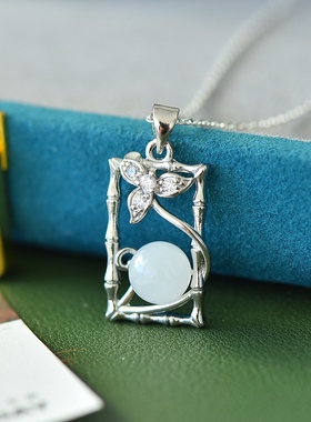 天然和田玉白玉竹节吊坠古法银镶嵌女款玉石挂件锁骨项链生日礼物