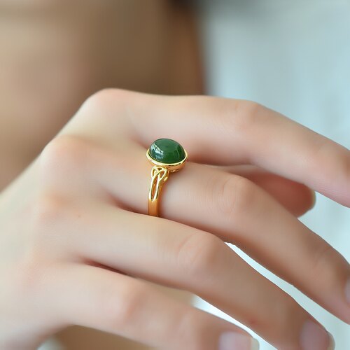 天然碧玉戒指女款18K金镶嵌和田玉石指环时尚个性高级感饰品礼物