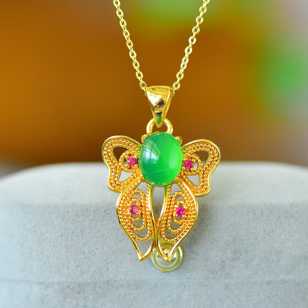 古法金镶嵌绿玉髓蛋面蝴蝶配红锆吊坠,珠宝/钻石/翡翠,颈饰,淘宝优惠券,粉丝福利购,淘宝优惠卷