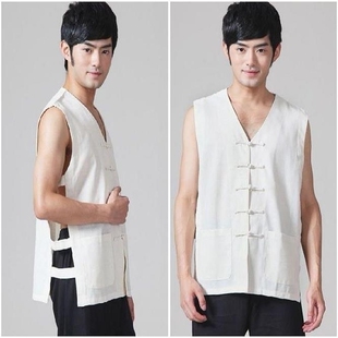 中国风民国拉车苦力民工表演服夏季棉麻男士粗布上衣唐装米白HJ66