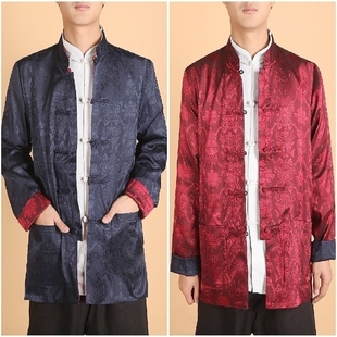中国风男士上衣古装改良中老年秋冬季长袖双面民族服装唐装深蓝HJ