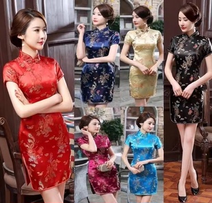 酒店剪彩短款女唐装性感中式绸缎夏季新娘敬酒服龙凤礼服旗袍大红