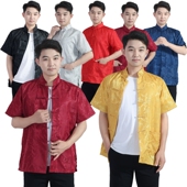 民族青年中国风夏季 中式 绸缎短袖 休闲舞台表演出男士 上衣唐装 汉服