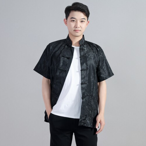 男士爸爸中老年中国风夏季中式绸缎短袖上衣复古休闲唐装汉服黑色