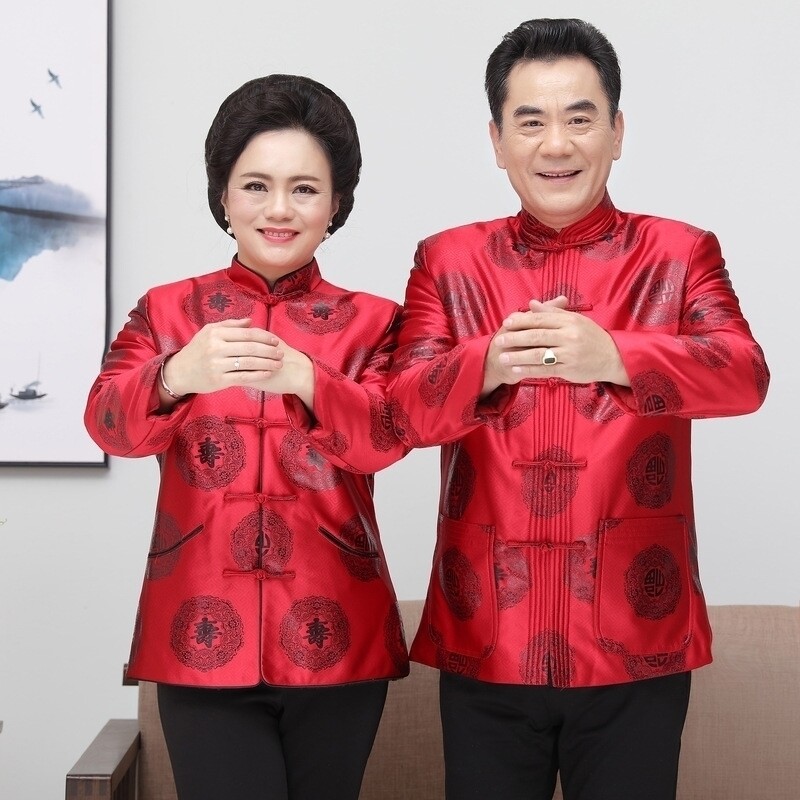 中式休闲古装男女中老年情侣装秋冬季外套上衣爸爸妈妈生日唐装hj