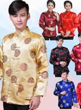 喜庆拍照摄影秋冬装结婚礼服中青年男中式流行外套上衣唐装金黄HJ