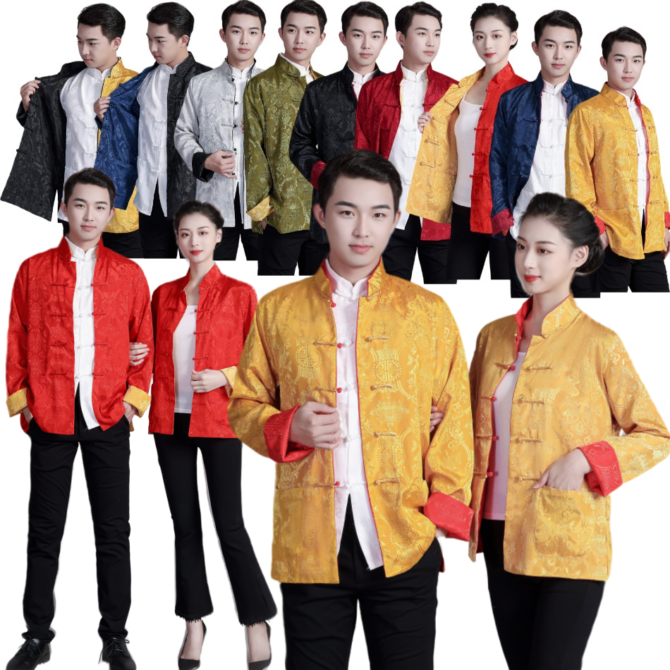 春秋季双面穿男女士情侣唐装中国风丝绸泰丝中式日常汉服上衣酒红