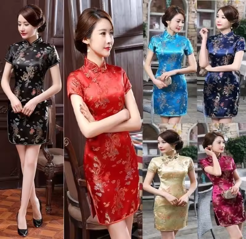 酒店剪彩中式绸缎摄影夏季舞台表演龙凤短款女唐装礼服旗袍黑色HJ