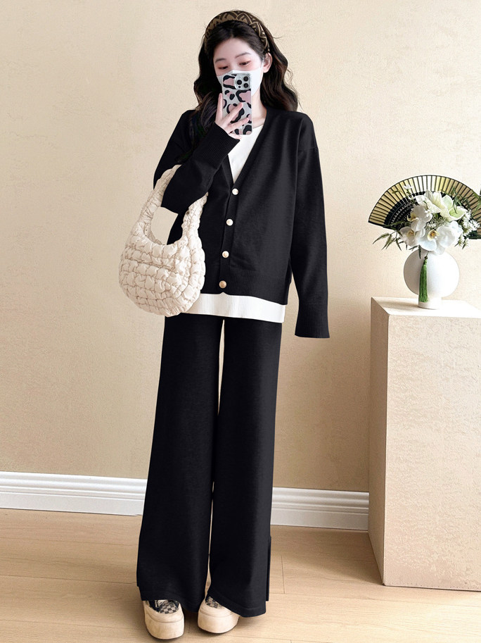 가을 출산 정장 새로운 한국 스타일 세련된 니트 가짜 투피스 탑 루즈 캐주얼 와이드 팬츠 투피스 세트