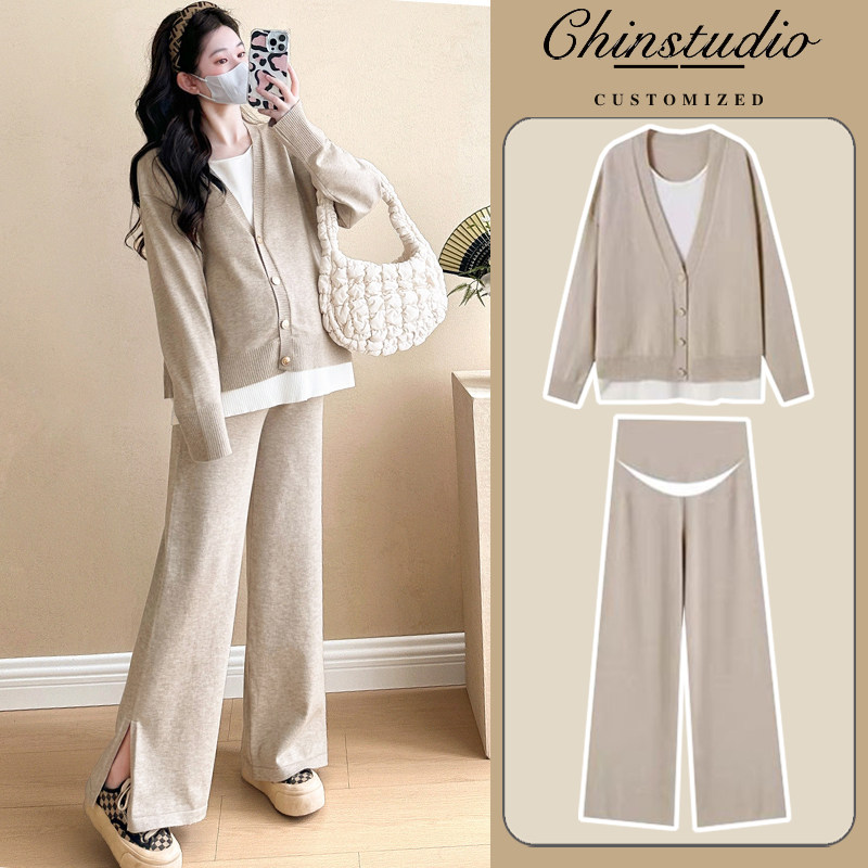 가을 출산 정장 새로운 한국 스타일 세련된 니트 가짜 투피스 탑 루즈 캐주얼 와이드 팬츠 투피스 세트