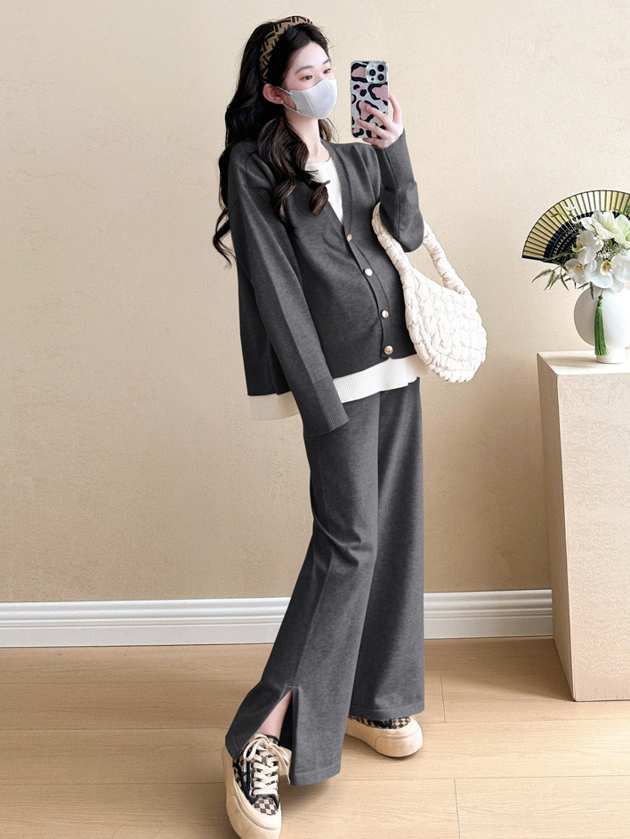 가을 출산 정장 새로운 한국 스타일 세련된 니트 가짜 투피스 탑 루즈 캐주얼 와이드 팬츠 투피스 세트