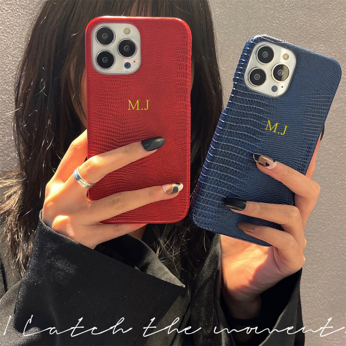 蜥蜴纹皮质加个性化烫金定制大小写字母适用于苹果17pm手机壳iPhone16promax/15/14/13/12手机壳简约时尚