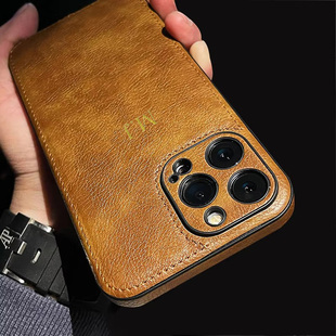 牛皮纹皮质17air手机壳适用iPhone16promax个性化烫金印英文字母苹果15/14/13/12商务软壳定制plus个性11