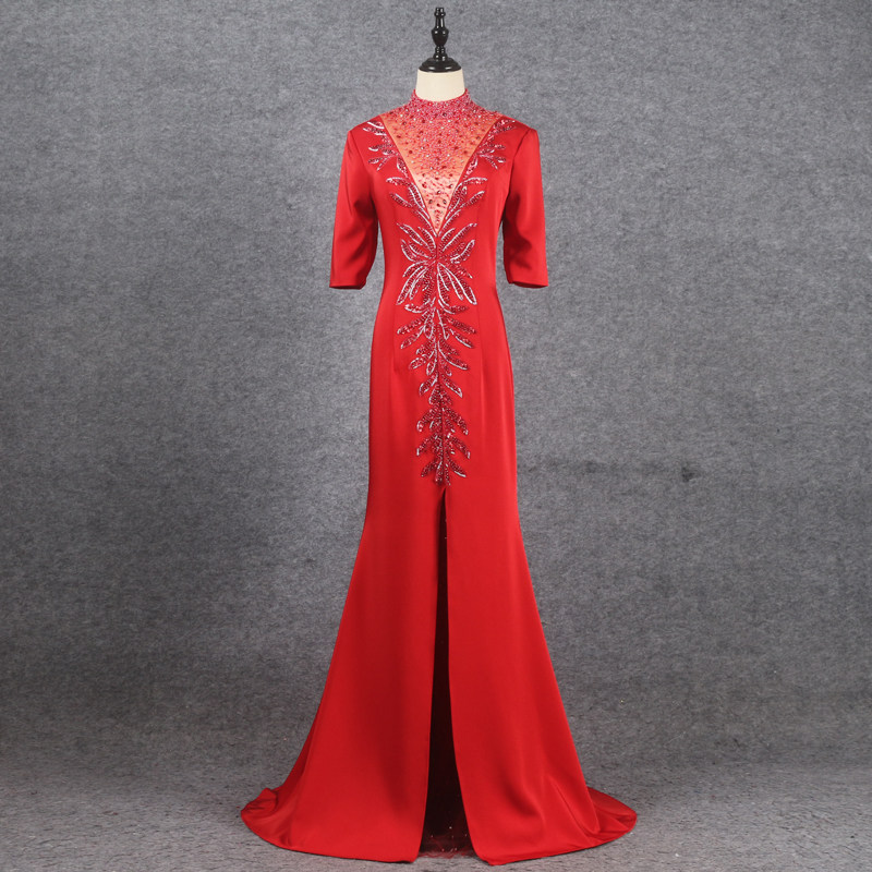 立领短袖鱼尾晚礼服钉珠显瘦气质长款连衣裙主持人婚礼晚会演出服