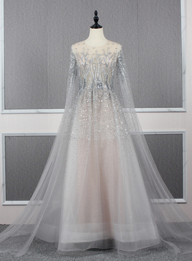 仙女款银灰色长袖飘肩拖尾大摆晚礼服新娘敬酒裙奢华主持演出长裙