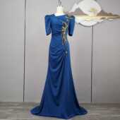 显瘦气质晚礼服裙宴会晚会舞台主持五分袖 新款 主持人修身 优雅气质