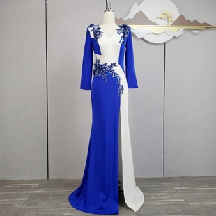 高端时尚修礼服长裙宴会裙年会主持人中长袖礼服显瘦鱼尾包臀