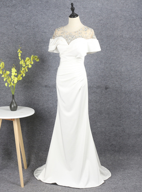 白色礼服裙显瘦鱼尾包臀钉珠小礼服气质优雅主持艺考演出晚礼服