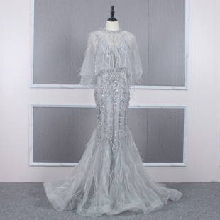 YOYO深V驼鸟毛礼服裙两件套披风款 显瘦晚礼服奢华大气礼服长裙