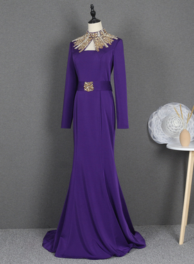 YOYO晚礼服紫色长袖显瘦修身晚宴年会主持优雅气质鱼尾演出服晚装