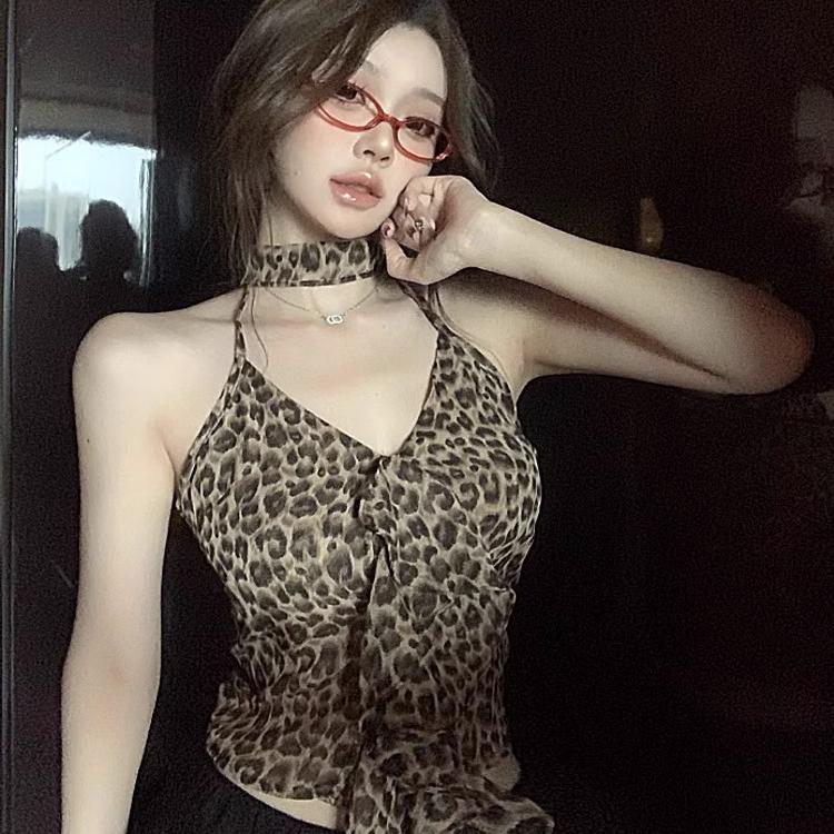 美式辣妹豹纹露背挂脖吊带