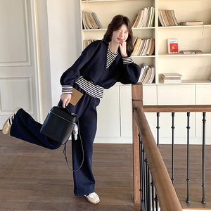 休闲运动风显瘦藏青色套装女2025春季新款假两件上衣长裤子两件套图片