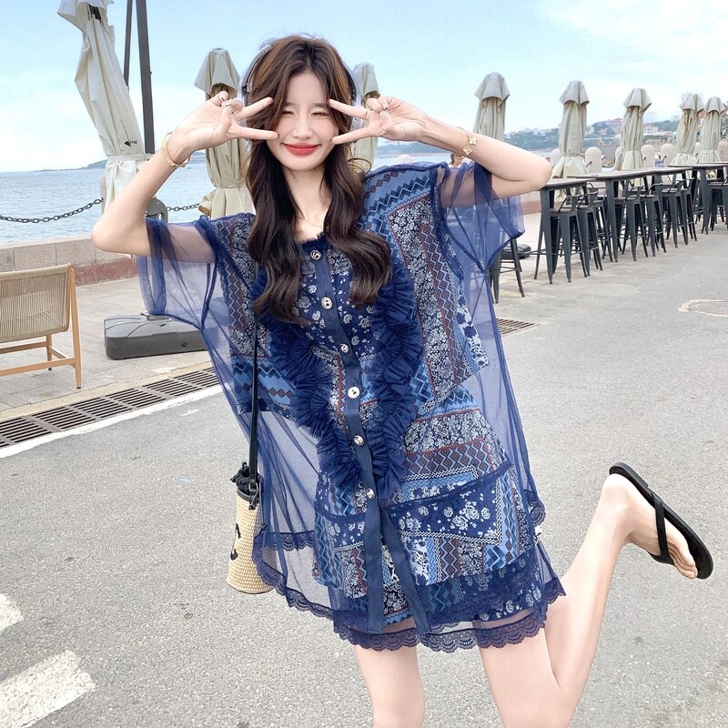 绝美网纱拼接衬衫碎花蓝色短裤套装女夏显瘦高级小众不撞款两件套,女装套装/套裙,2C161