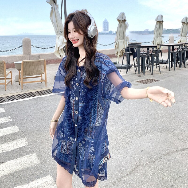 绝美网纱拼接衬衫碎花蓝色短裤套装女夏显瘦高级小众不撞款两件套,女装套装/套裙,2C161