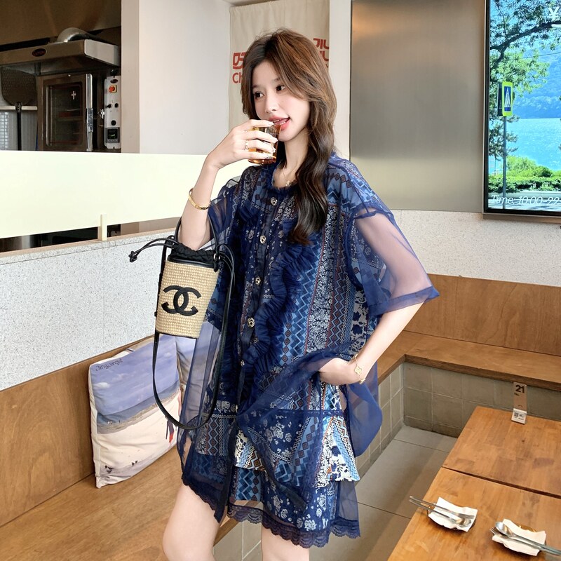 绝美网纱拼接衬衫碎花蓝色短裤套装女夏显瘦高级小众不撞款两件套,女装套装/套裙,2C161