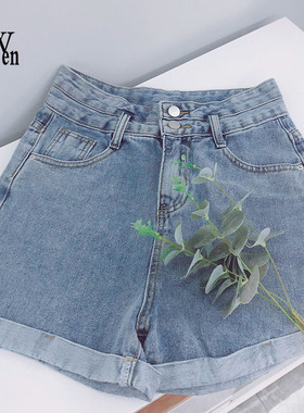 wengen可可蓝色梨型身材薄款高腰显瘦辣妹宽松a字牛仔阔腿短裤女