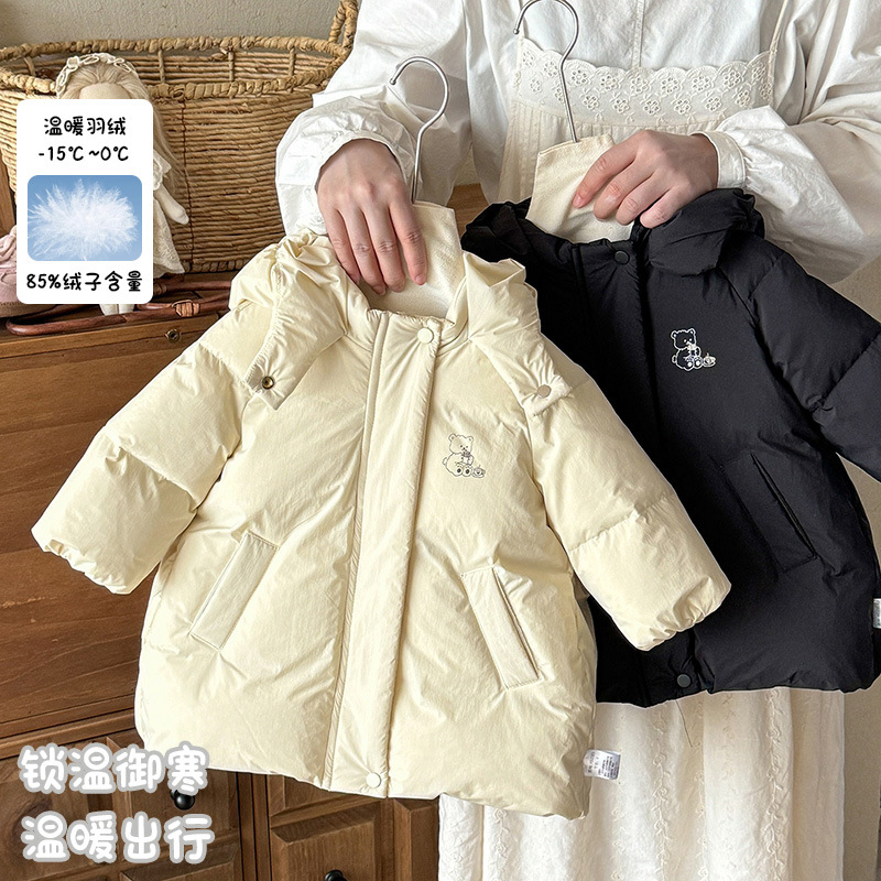 三折撤柜冬季新款宝宝中长款连帽外套白鸭绒女童羽绒服婴幼儿冬装