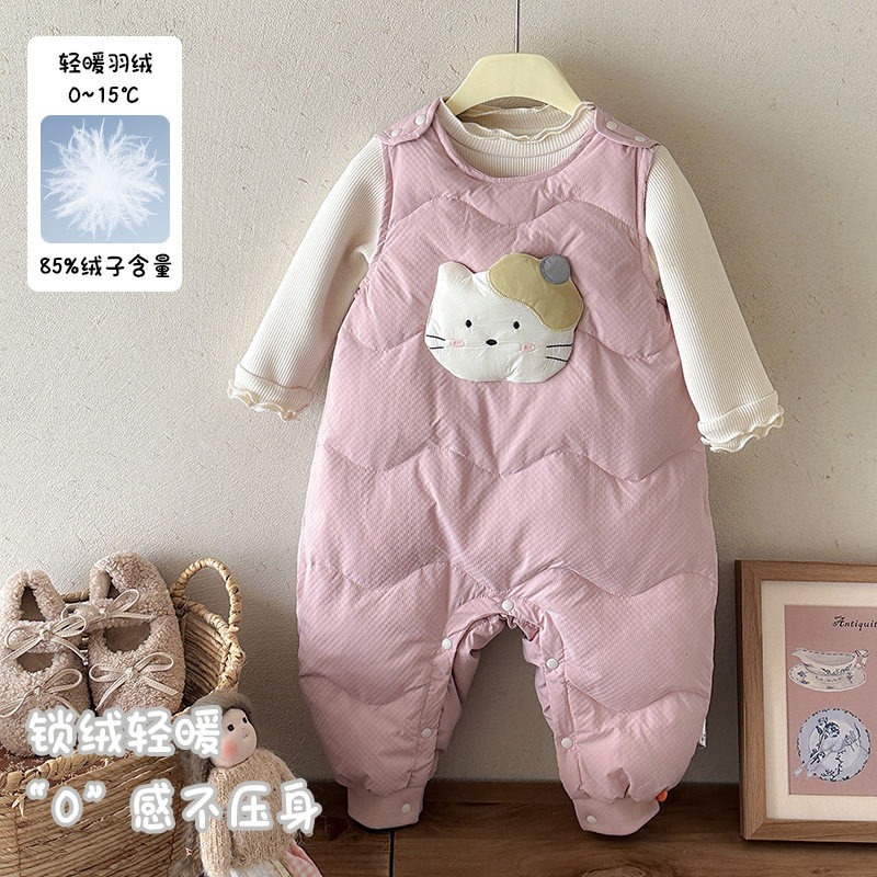 三折撤柜婴儿羽绒无袖哈衣秋冬装女宝宝羽绒连体裤女童保暖羽绒裤