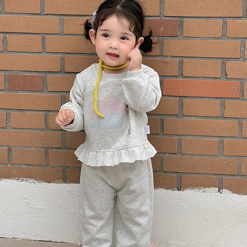 二折撤柜女童春季新款卫衣套装女宝花边上衣婴幼儿休闲卫裤两件套