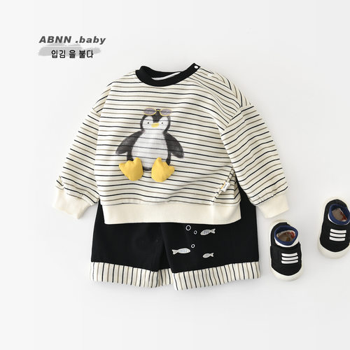 儿童秋季套装分体新款婴幼儿洋气条纹企鹅卫衣宝宝宽松裤子63569
