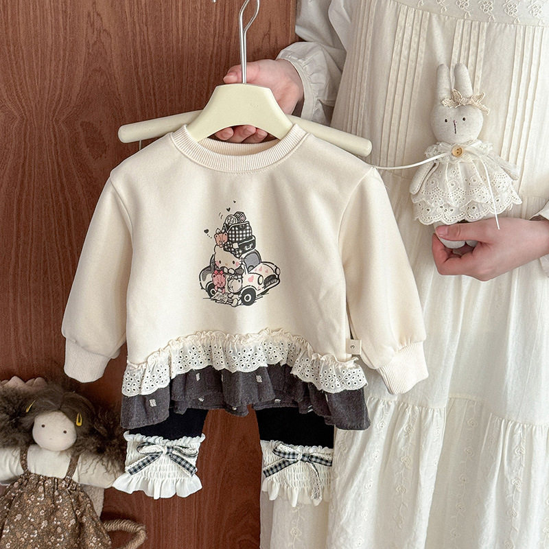 女童卫衣秋装2026新款女宝卡通花边长袖洋气百搭婴儿薄款上衣 a类