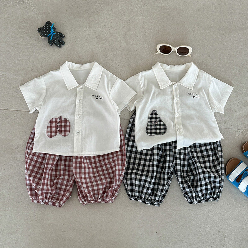 婴幼儿夏季新款衬衫套装薄款男宝韩版洋气格子短袖短裤两件套 a类