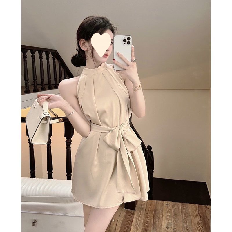 高级感无袖连衣裙女夏季法式露肩性感名媛气质收腰绑带短裙子