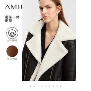 Amii机车皮草皮毛一体外套女冬季2023新款中长款宽松夹克欧货棉衣