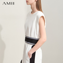 运动风短款 Amii2024夏新款 撞色橡筋套头T恤女 直筒宽肩有垫肩无袖