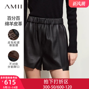 女直筒裤 Amii2023新款 复古百搭羊皮革休闲短裤 子外穿 秋冬季 皮裤