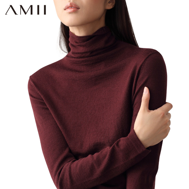 Amii2024冬新款高级通勤风基础百搭显瘦高领丝光毛衣女内搭上衣
