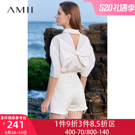 Amii2024夏新款蝴蝶结镂空全棉衬衣泡泡袖上衣设计感女小众白衬衫