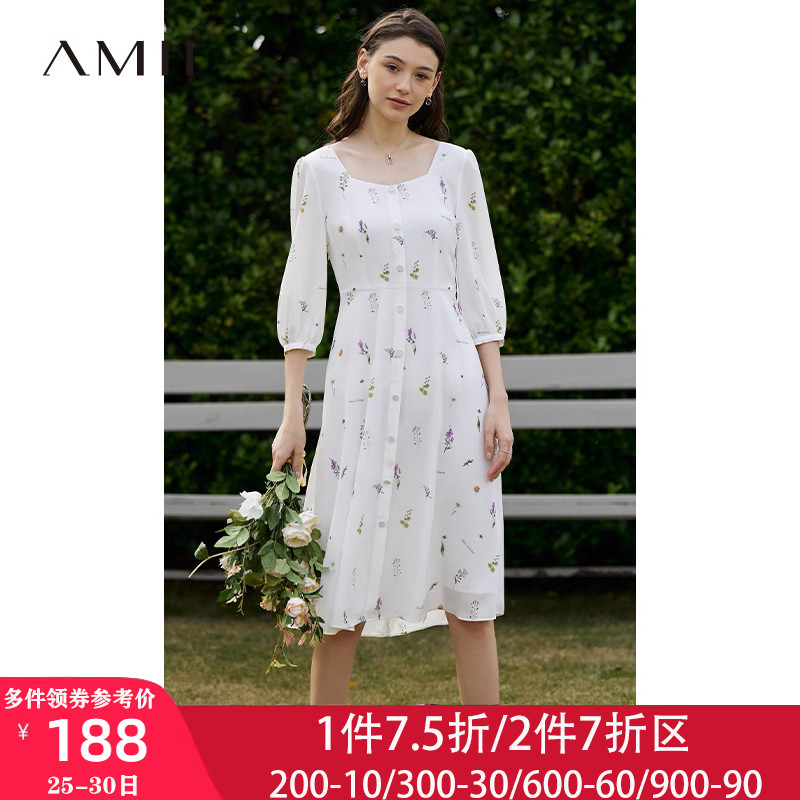 Amii2023夏新款几何领型植物印花雪纺连衣裙子女七分袖法式仙女裙